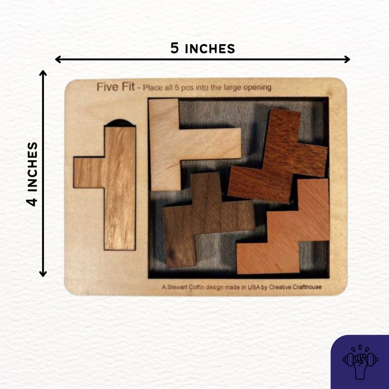 May include: A wooden puzzle with the title "Five Fit - Place all 5 pcs into the large opening". The puzzle is 5 inches wide and 4 inches tall. The puzzle has five wooden pieces that need to be fit into the puzzle board.