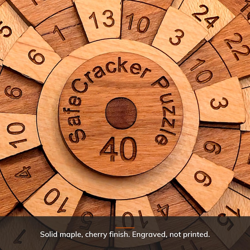 Close detail of the Safecracker 40 in solid maple with a cherry finish and engraved numbers, Creative Crafthouse