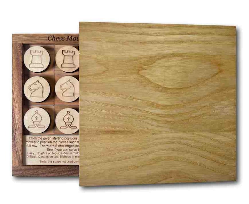 Chess Move CBK Wooden Brain Teaser Chess Puzzle. Complete the different challenges of varying difficulty using traditional chess moves. Made in the USA by Creative Crafthouse.