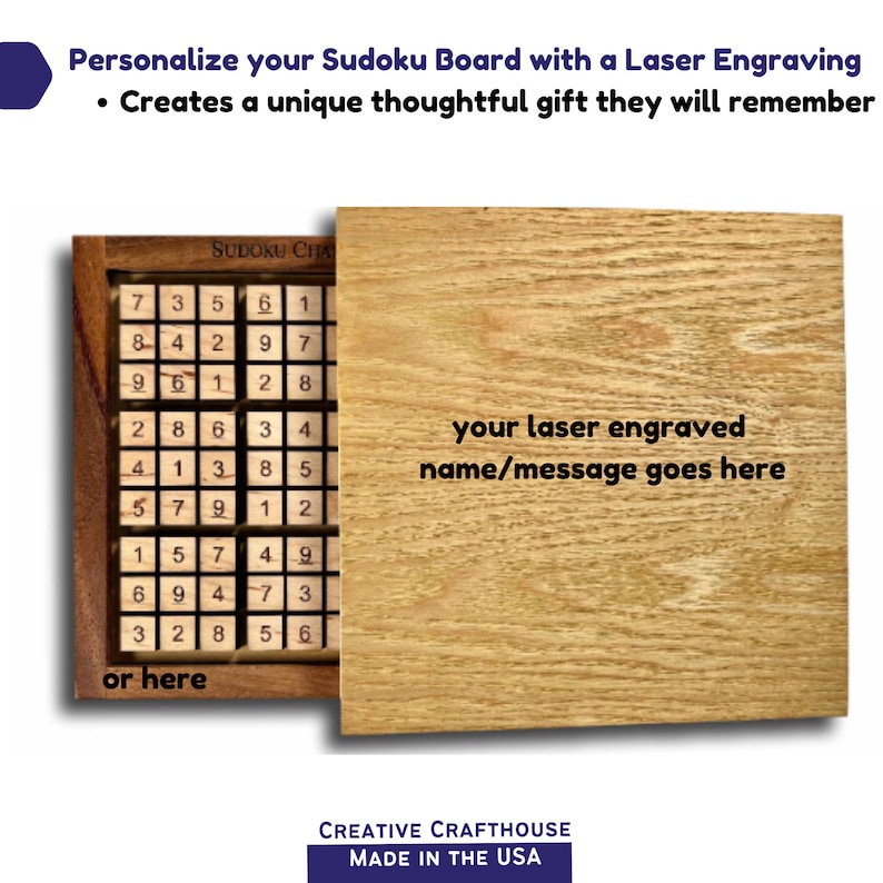 Our handmade Sudoku Board allows you to create your own custom Sudoku games. You will never have to worry about pen and paper again. This puzzle game makes a wonderful and unique gift for friends and family.