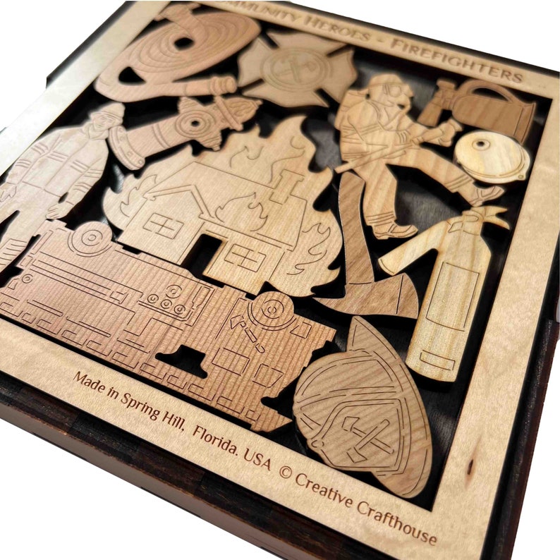 Community Heroes - Firefighters. Celebrating our local heroes! Wood cover included. Handmade by Creative Crafthouse.