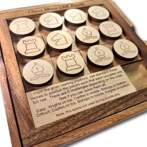 Chess Move CBK Wooden Brain Teaser Chess Puzzle. Complete the different challenges of varying difficulty using traditional chess moves. Made in the USA by Creative Crafthouse.