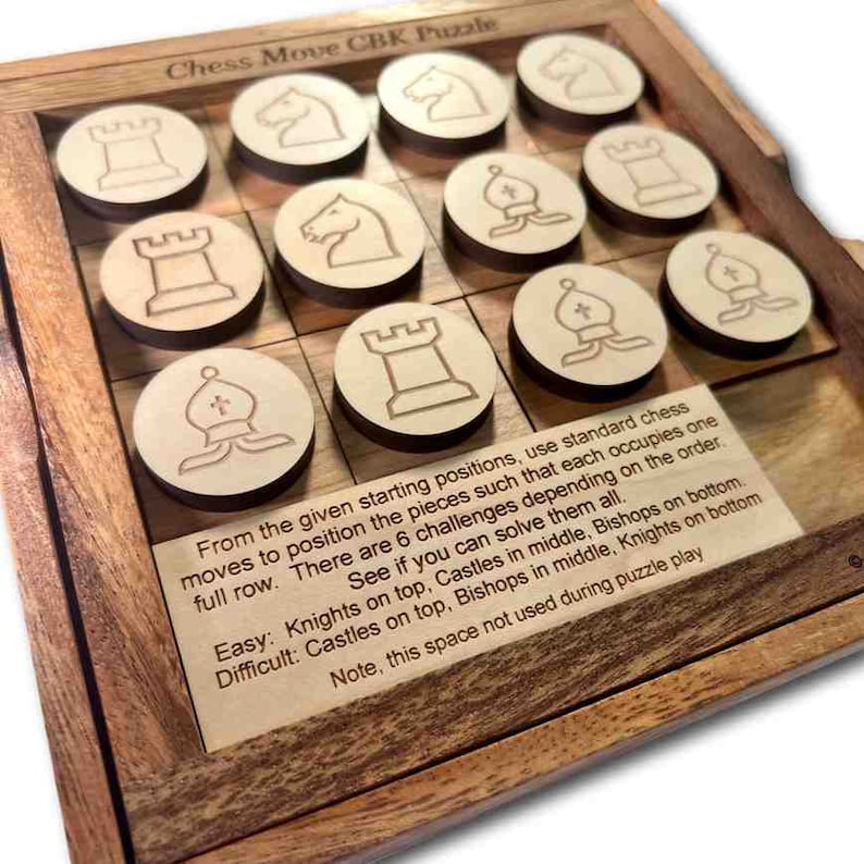 Chess Move CBK Wooden Brain Teaser Chess Puzzle. Complete the different challenges of varying difficulty using traditional chess moves. Made in the USA by Creative Crafthouse.