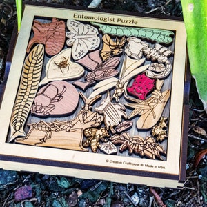May include: Wooden box puzzle with the title "Entomologist Puzzle" and the text "Creative Crafthouse Made in USA". The puzzle features various insect shapes cut out of wood, including a butterfly, a beetle, a spider, and a caterpillar.