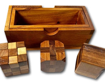 Three Wood Puzzles Birthday Gift Set for Teens, Snake puzzle Cube, Diamond Cube, & Soma Cube Brain Teaser