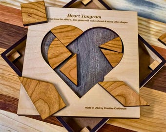 Personalized Heart Tangram Wooden Puzzle - Unique Wedding Gift for