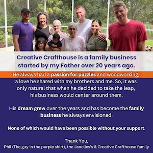 The image is a collage featuring the Janelle family including Pete, Deb, and Phil, along with text describing the family business and the David Janelle's passion for puzzles and woodworking.