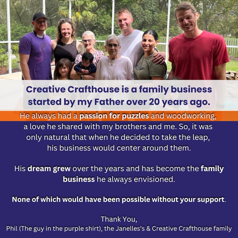 The image is a collage featuring the Janelle family including Pete, Deb, and Phil, along with text describing the family business and the David Janelle's passion for puzzles and woodworking.