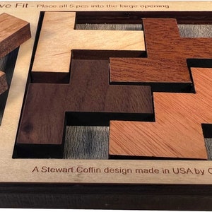 Five Fit wood brain teaser puzzle small size. A fun and difficult challenge! Made by Creative Crafthouse.
