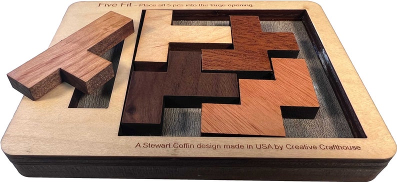 Five Fit wood brain teaser puzzle small size. A fun and difficult challenge! Made by Creative Crafthouse.