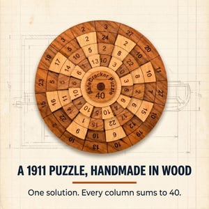 Safecracker 40, a 1911 Great Burglar number puzzle handmade in wood, one solution, Creative Crafthouse