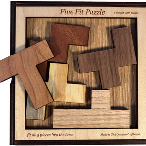 Wood Brain Teaser Puzzle For Adults, Fit Five Pieces, Difficult Puzzle, Wood Logic Puzzle, Mind Game, Hard Puzzle, Stewart Coffin Puzzle
