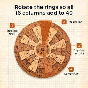 Safecracker 40 how it works, rotate the wooden rings so all 16 columns add to 40, Creative Crafthouse