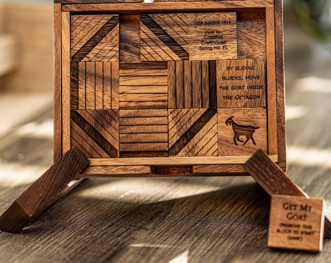 Vintage Goat Sliding Block Puzzle - Hardwood Brain Teaser with Laser Engraving - 1914 Classic Logic Puzzle - Challenging Wooden Game - Goats