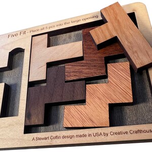 Five Fit wood brain teaser puzzle small size. A fun and difficult challenge!