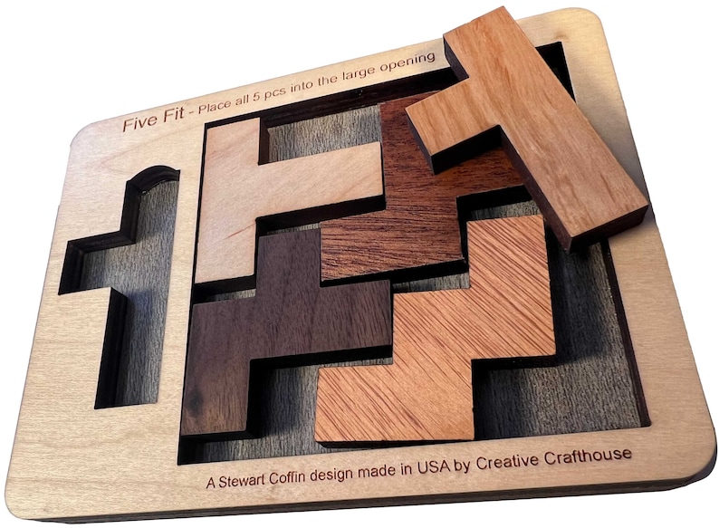 Five Fit wood brain teaser puzzle small size. A fun and difficult challenge!