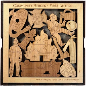 Community Heroes - Firefighters. Celebrating our local heroes! Wood cover included. Handmade by Creative Crafthouse.