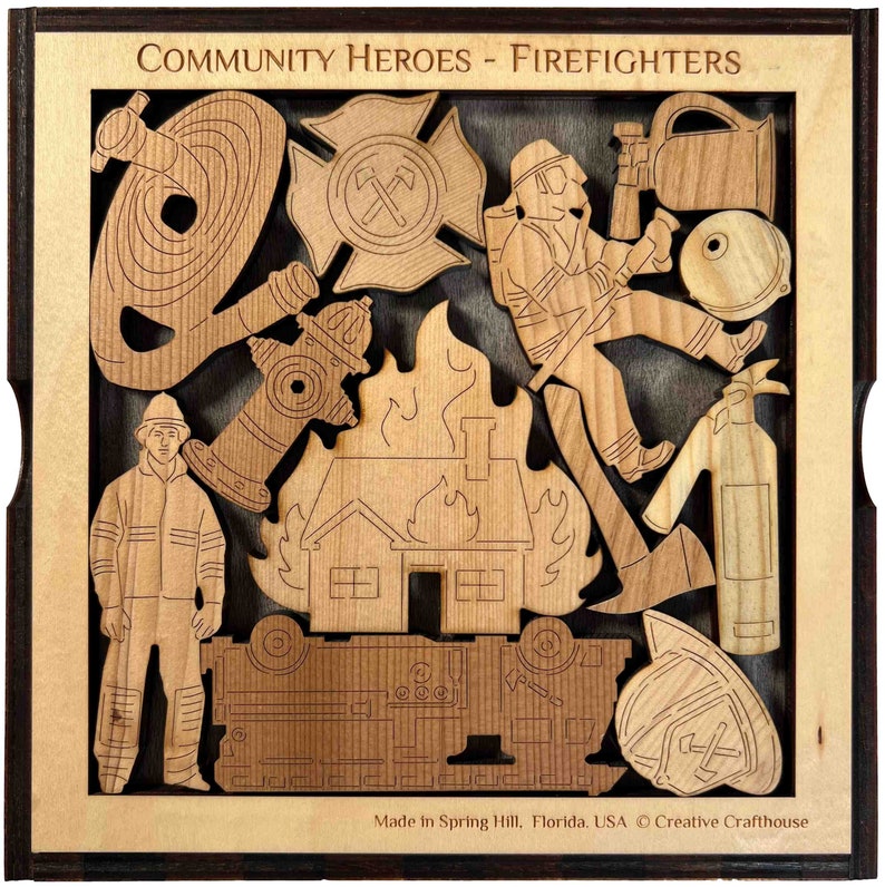Community Heroes - Firefighters. Celebrating our local heroes! Wood cover included. Handmade by Creative Crafthouse.