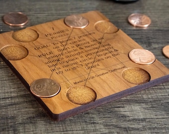 7 Pennies Puzzle, Wood Brain Teaser, Bar Game, White Elephant Gift, Bachelor Party Game, Coin Puzzle, Challenging Puzzle,Unique Gift For Dad