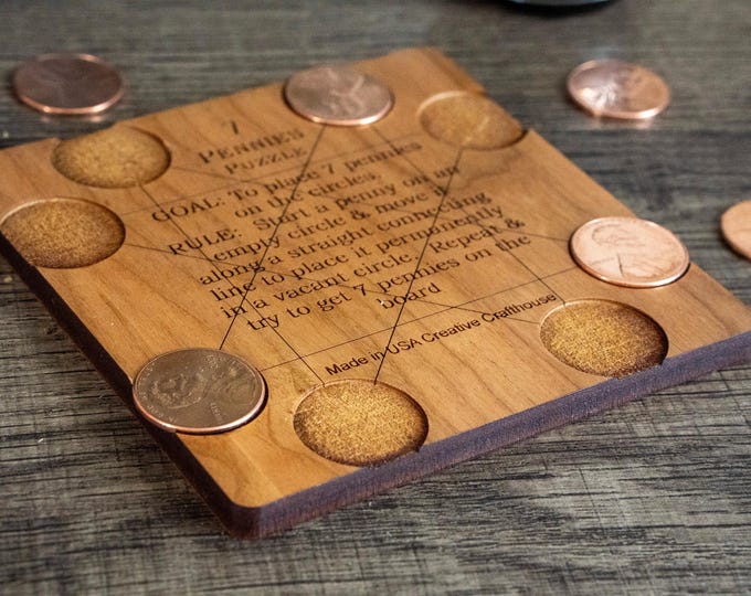 7 Pennies Puzzle, Wooden Coin Brain Teaser, Stocking Stuffer and White Elephant Gift