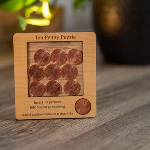 10 Penny Puzzle, Wooden Brain Teaser Puzzle For Adults, Challenging Puzzle, Travel Board Game, Puzzle Lover Gift, Creative Crafthouse