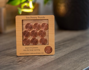 10 Penny Puzzle, Wooden Brain Teaser Puzzle For Adults, Challenging Puzzle, Travel Board Game, Puzzle Lover Gift, Creative Crafthouse
