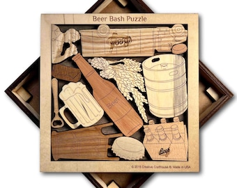 Bierpuzzle aus Holz, personalisiertes Puzzle, Biergeschenk für ihn, Geschenk für Bierliebhaber, Bar-Puzzlespiel, 12-teiliges Bierpuzzle, individuell graviertes Puzzle