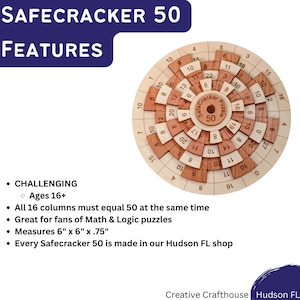 the safecracker 50 is a very difficult math puzzle. This wooden brain teaser is a level 5 out of 5 level of difficulty.