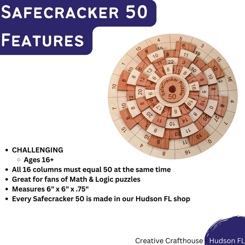 the safecracker 50 is a very difficult math puzzle. This wooden brain teaser is a level 5 out of 5 level of difficulty.