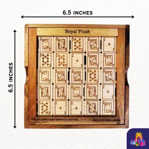 The Royal Flush puzzle is a unique logic puzzle features different playing cards as the puzzle pieces. This brain teaser is perfect for ages 13 and up. Every Royal Flush puzzle is handmade in our Hudson Florida shop.
