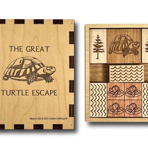 The Great Turtle Escape Wooden Sliding Brain Teaser Puzzle. Slide the pieces so that the turtle can escape through the front slot. A fun and difficult challenge! 9 other starting positions of varying difficulty. Made in the USA by Creative Crafthouse