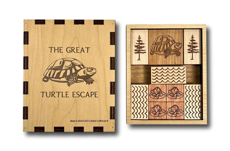 The Great Turtle Escape Wooden Sliding Brain Teaser Puzzle. Slide the pieces so that the turtle can escape through the front slot. A fun and difficult challenge! 9 other starting positions of varying difficulty. Made in the USA by Creative Crafthouse