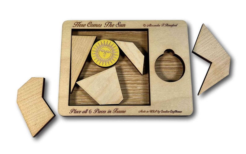 Here Comes the Sun wooden brain teaser puzzle - a fun but challenging puzzle! Can you fit the sun into the large square frame along with all of the other pieces? Great for a desk, coffee table or waiting room. Made in USA by Creative Crafthouse.
