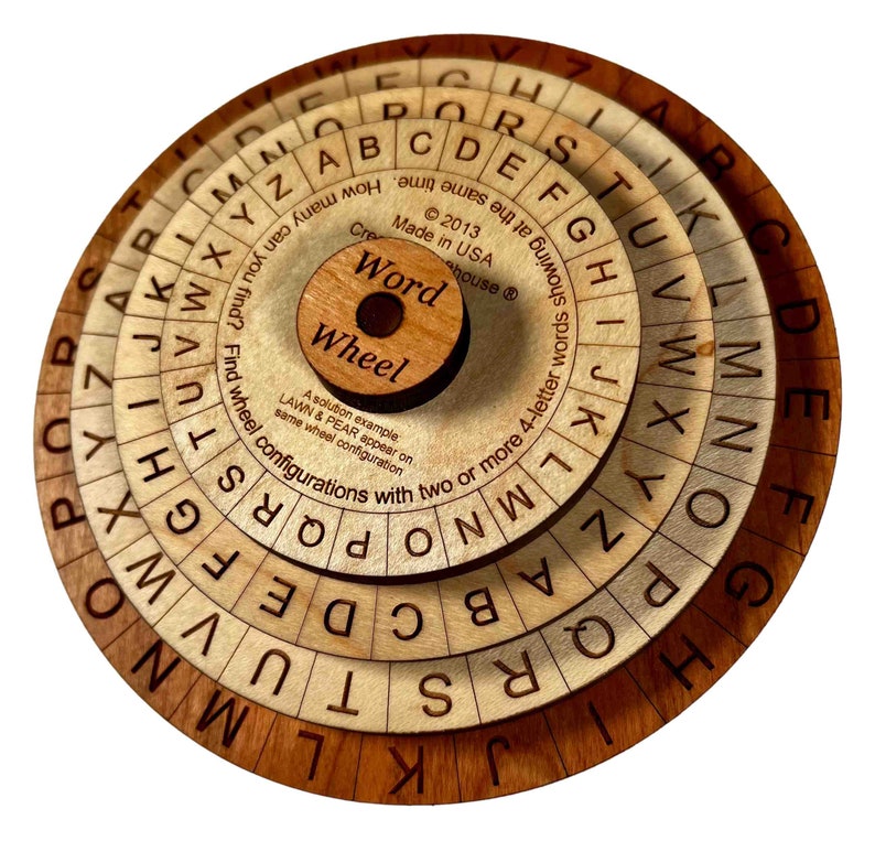 Word Wheel wooden brain teaser puzzle by Creative Crafthouse. Many different challenges to complete and also a great learning tool for all ages. Made in the USA.