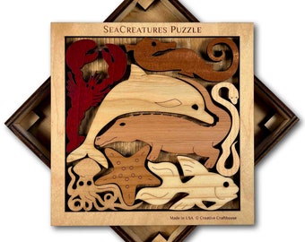 8 Sea Creatures Wood Puzzle - Handmade Wood Brain Teaser - Dolphin, Octopus, Seahorse, Lobster Puzzle - Unique Desk or Coffee Table Display