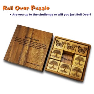 Challenging logical wooden brain teaser puzzle for adults and teens - Solve by rolling cubes to flip patterns (Engraving options)