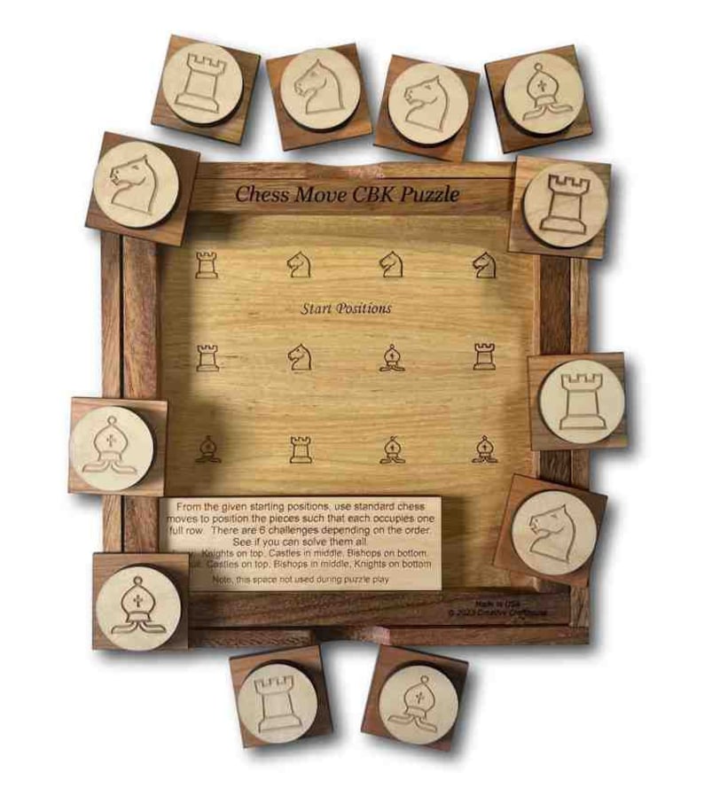 Chess Move CBK Wooden Brain Teaser Chess Puzzle. Complete the different challenges of varying difficulty using traditional chess moves. Made in the USA by Creative Crafthouse.