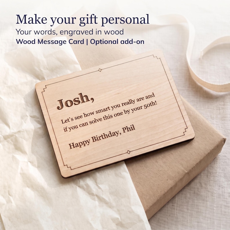 Optional Wood Message Card add-on: a 4 x 3 inch Baltic birch card laser engraved with a sample birthday message, shown with a kraft gift box, tissue and ribbon.