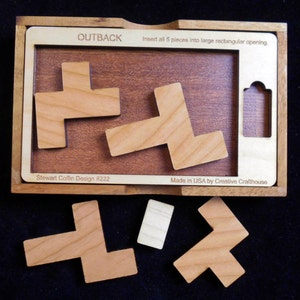 OUTBACK Puzzle – Insert All Pieces into the Large Opening - Stewart Coffin Design #222 - Wood Brain Teaser - Difficult Puzzle