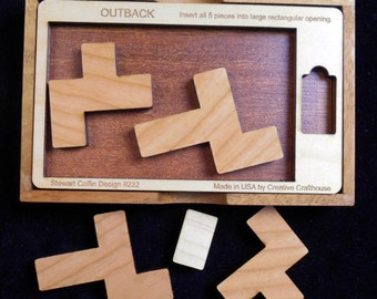 OUTBACK Puzzle – Insert All Pieces into the Large Opening - Stewart Coffin Design #222 - Wood Brain Teaser - Difficult Puzzle