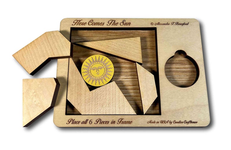Here Comes the Sun wooden brain teaser puzzle - a fun but challenging puzzle! Can you fit the sun into the large square frame along with all of the other pieces? Great for a desk, coffee table or waiting room. Made in USA by Creative Crafthouse.