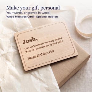 Optional Wood Message Card add-on: a 4 x 3 inch Baltic birch card laser engraved with a sample birthday message, shown with a kraft gift box, tissue and ribbon.