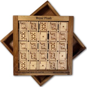 Royal Flush wood brain teaser puzzle - Can you get a royal flush in every row, column and major diagonal.. at the same time? Made in Hudson, Florida by Creative Crafthouse.