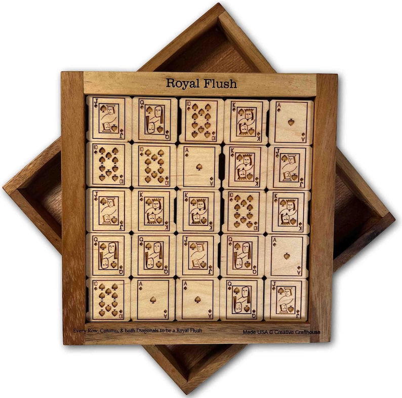 Royal Flush wood brain teaser puzzle - Can you get a royal flush in every row, column and major diagonal.. at the same time? Made in Hudson, Florida by Creative Crafthouse.