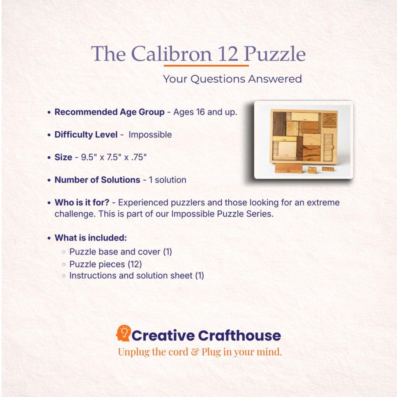 Impossible Wood Puzzle for Adults | 12 Piece Brain Teaser Handmade in Florida | Extremely Hard | The Calibron 12 Puzzle | Games For Adults image 9
