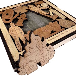 Community Heroes - Firefighters. Celebrating our local heroes! Wood cover included. Handmade by Creative Crafthouse.