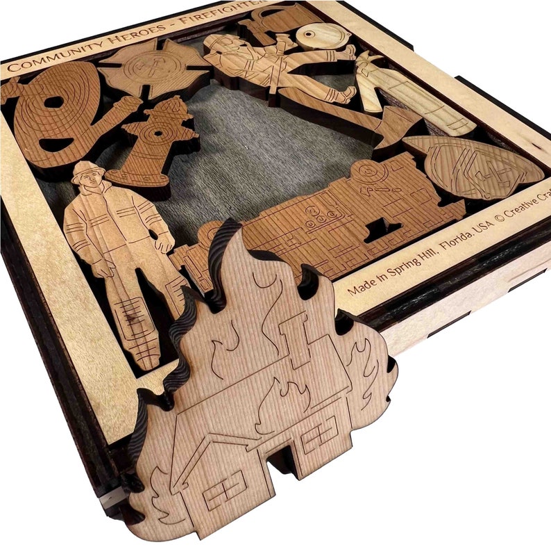 Community Heroes - Firefighters. Celebrating our local heroes! Wood cover included. Handmade by Creative Crafthouse.