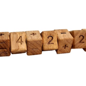 May include: Wooden blocks with numbers and mathematical symbols, including 1, 4, 2, +, -, and =. The blocks are arranged in a line to form the equation 1 + 4 + 2 - 2 = 4.
