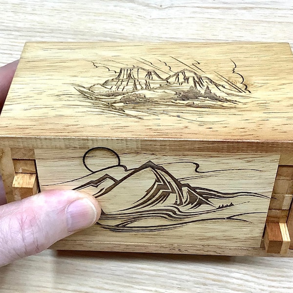 Secret Lock Box I Premium Wood Puzzle Box - Laser Engraved Nature Scenes on Each Side