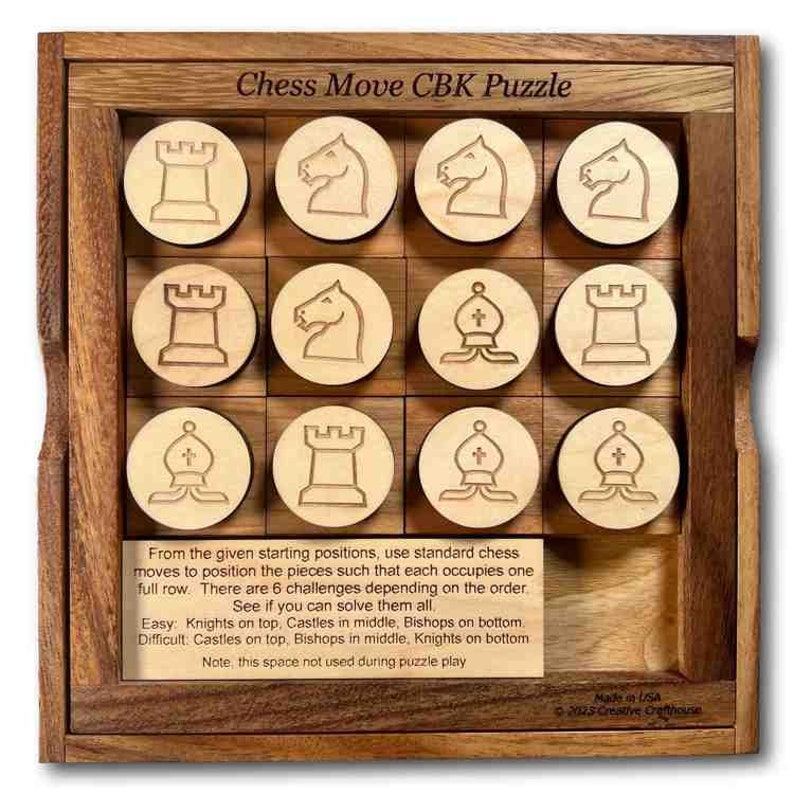 Chess Move CBK Wooden Brain Teaser Chess Puzzle. Complete the different challenges of varying difficulty using traditional chess moves. Made in the USA by Creative Crafthouse.